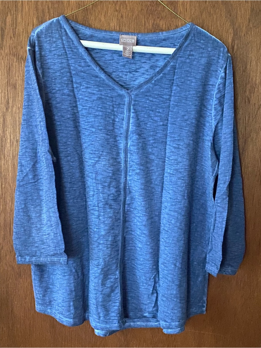 Chico's Blue Heathered V-Neck 3/4 Sleeve Tunic Top